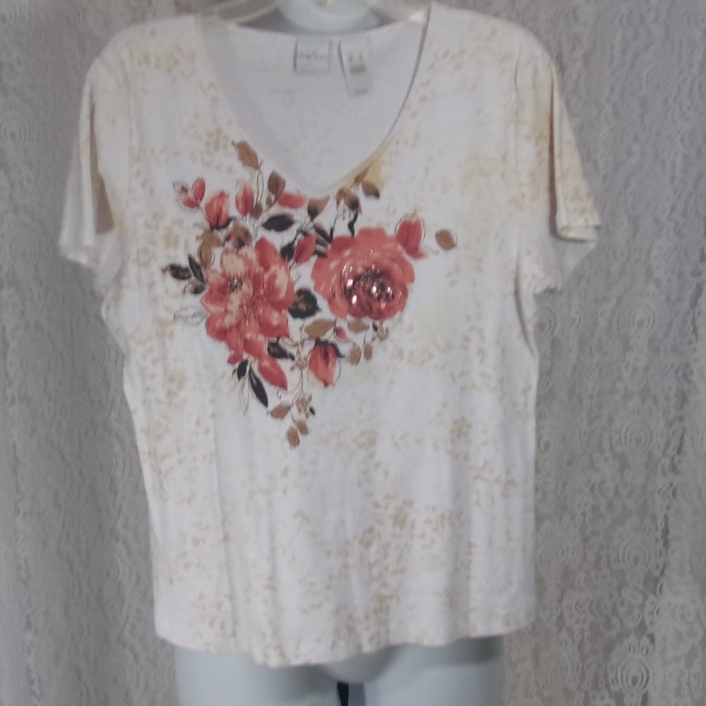 Emma James Ivory Cotton Knit Top Floral Print with Bling NWOT Size XL